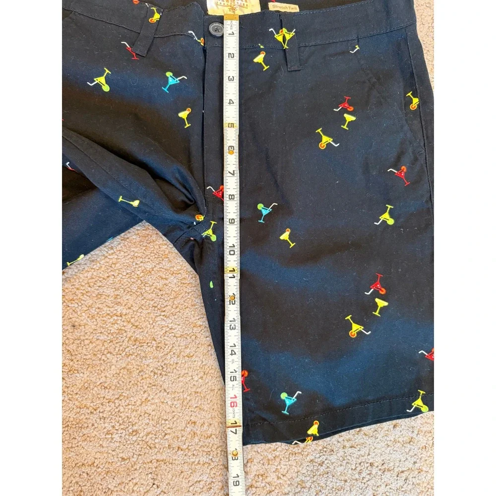 Raw Yarn Industries Black Cocktail Martini Embroidered Stretch Twill Shorts 32